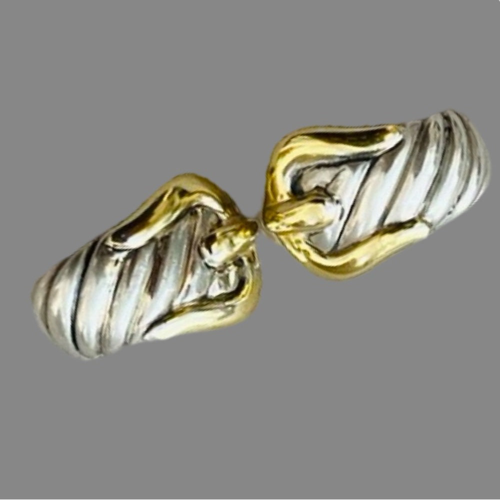 David Yurman 18 Karat Yellow Gold & Sterling Silver Belt Buckle Earrings - Picture 5 of 8